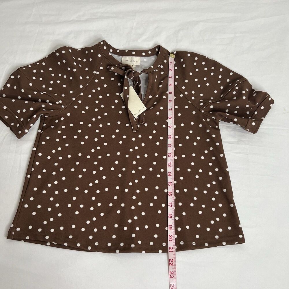 MELLODAY Women Top Brown Polka Dots White Short Sleeve Top Size XS - Picture 4 of 9